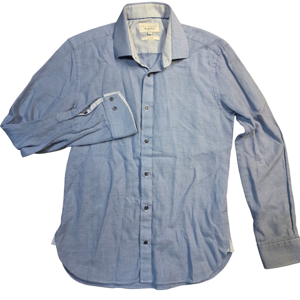 Ted Baker Endurance Mens Slim Fit Blue Micro Print Button Down Shirt 15.5 34/35